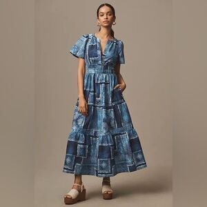 Anthropologie Blue Patterned Somerset Maxi Dress